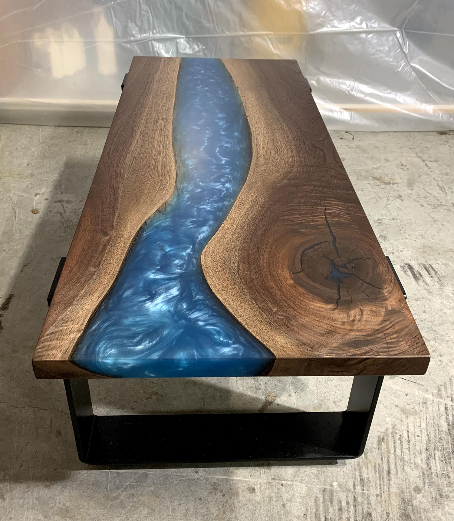 Walnut River Coffee Table With Blue/Pearl Epoxy River | Edge 1 Designs